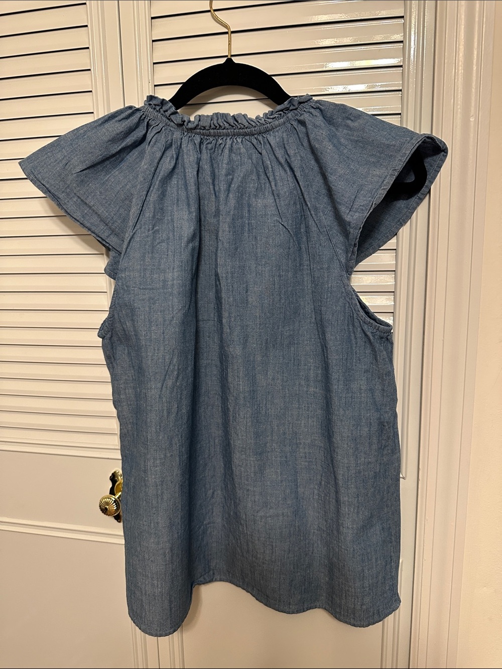 J. Crew Factory Chambray Ruffle Neck Flutter Sleeve Top - Light Blue - Picture 4 of 9